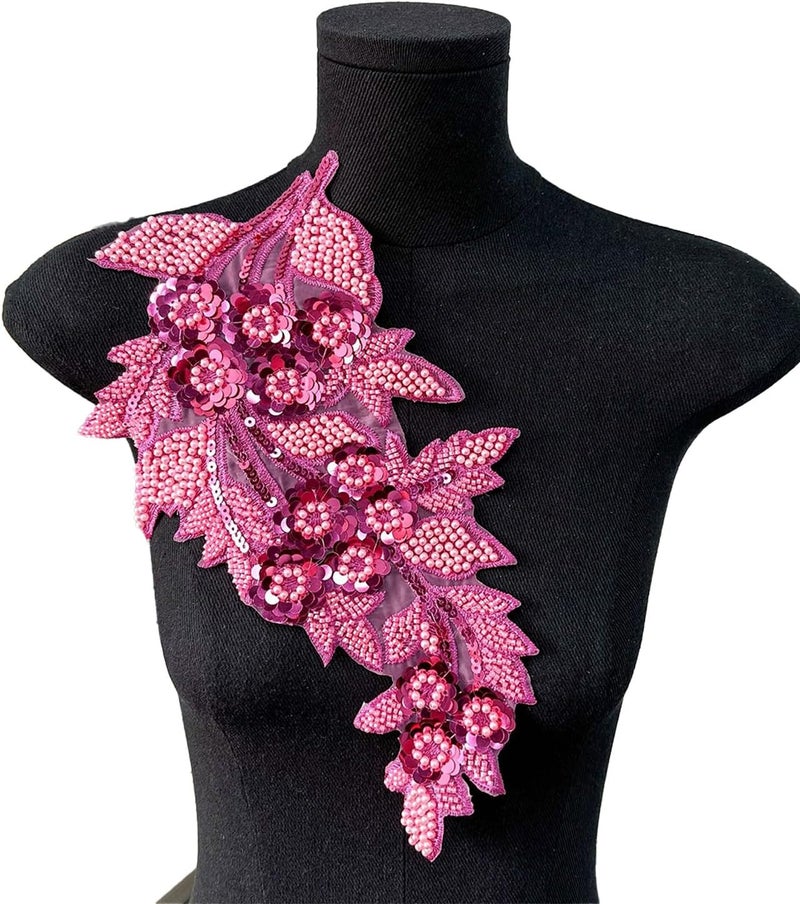 SAIXCCS 1pc Large Flower Rhinestone Applique Hot Pink, Embroidery Sequin Patches for Clothes,Beaded Lace Applique for Wedding Bridal Dress Bodice Hat Sewing Craft for Girl Embellishment(Hot Pink) - Image 3